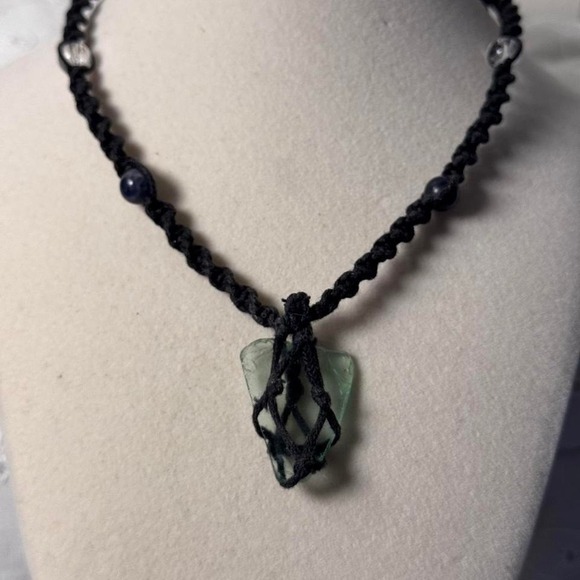 Handmade Macrame Sea Glass Necklace Black Cord Lapis Lazuli Quartz Boho Pendant - Picture 3 of 8